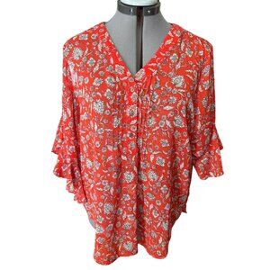 Vince Camuto Floral Red Kimono Style Blouse Soft Elegant Boho Chic Top L